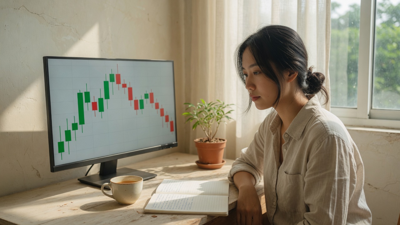 Người phụ nữ ngồi bàn sáng, nhìn biểu đồ nến trên màn hình